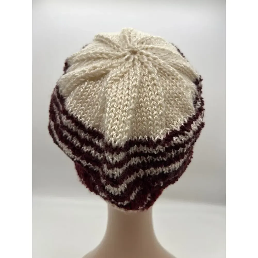 Knit Woven Wide Cream Burgundy Red Stripe Beanie‎ Knit Hat Boho XS